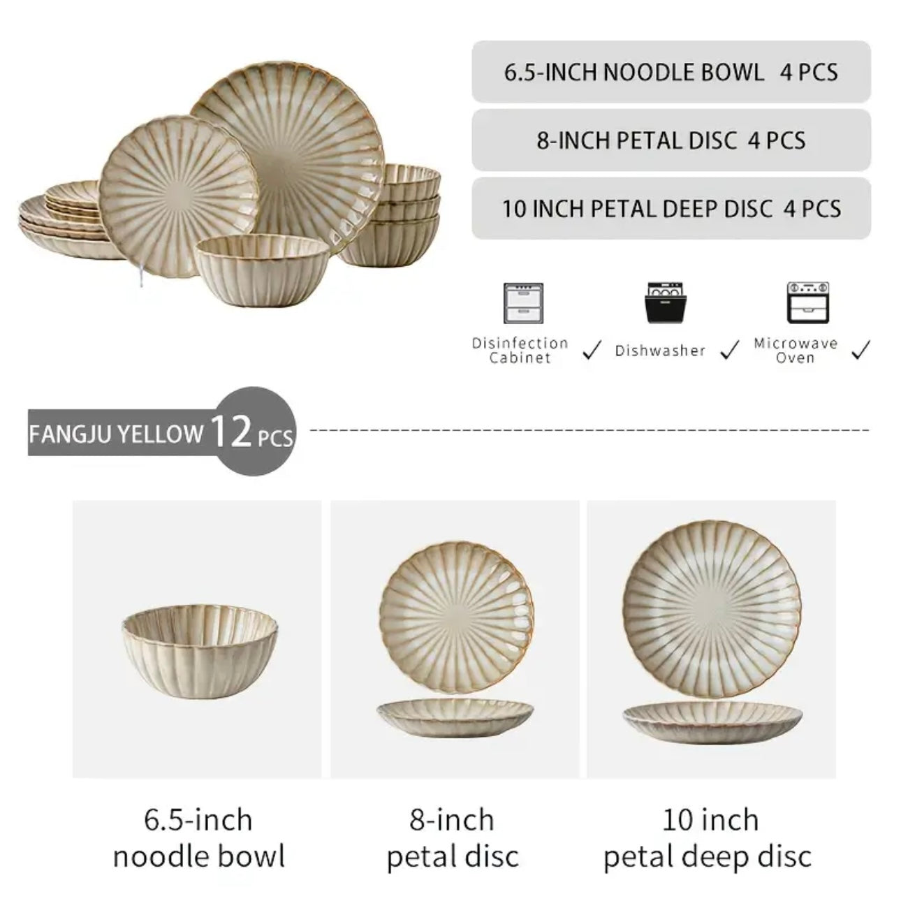 Zenora 12pcs Japanese Floral Embossed Ceramic Dinnerware Set