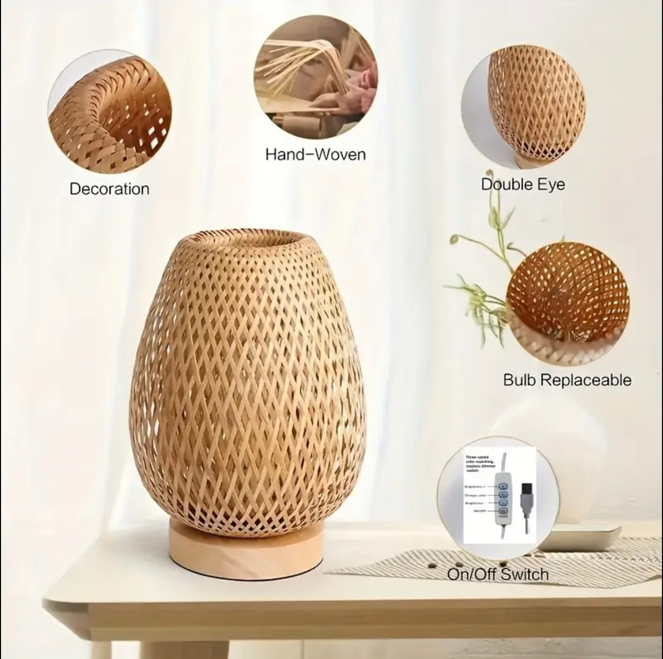 Zenora Handmade Bamboo Woven LED Bedside Lampr