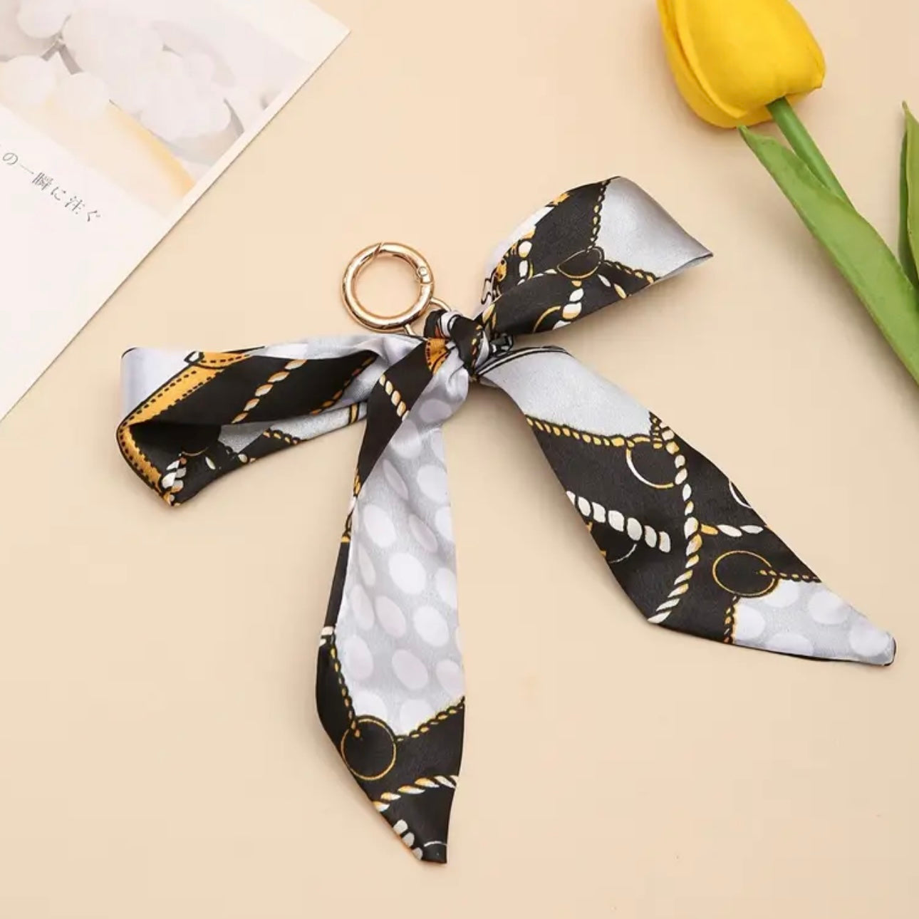 Scarf Bow Tie Keychain – Fashionable Bag Charm with Tassel & Spring Ring
