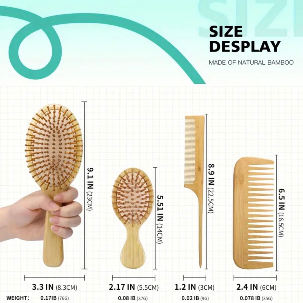Zenora 4pcs Natural Bamboo Hair Brush & Comb Set