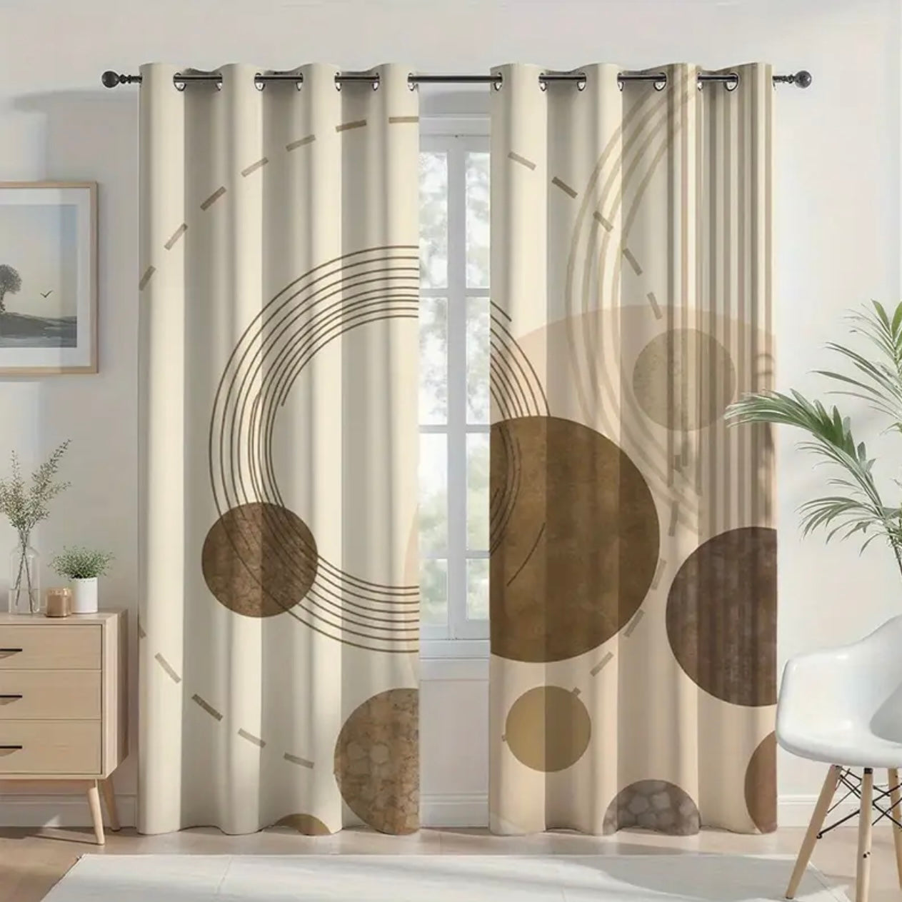Zenora 2-Piece Beige & Brown Abstract Semi-Transparent Curtains