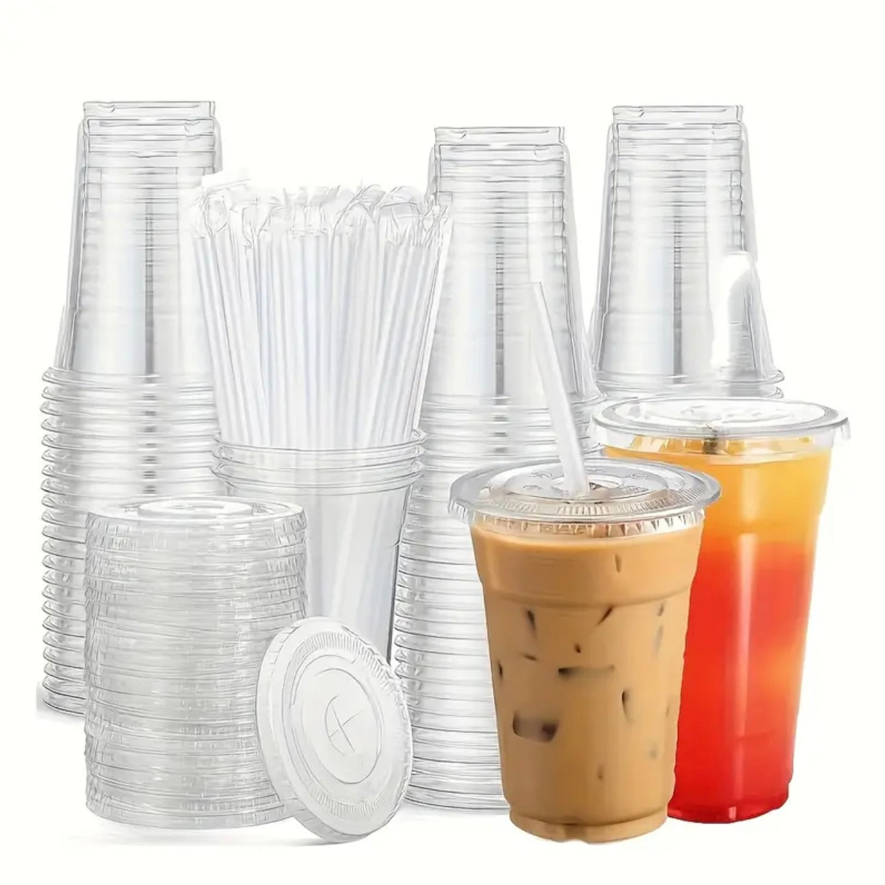 Zenora 400ml Clear Plastic Reusable Drinkware Set – 100 Straws, 50 Cups & 50 Flat Lids