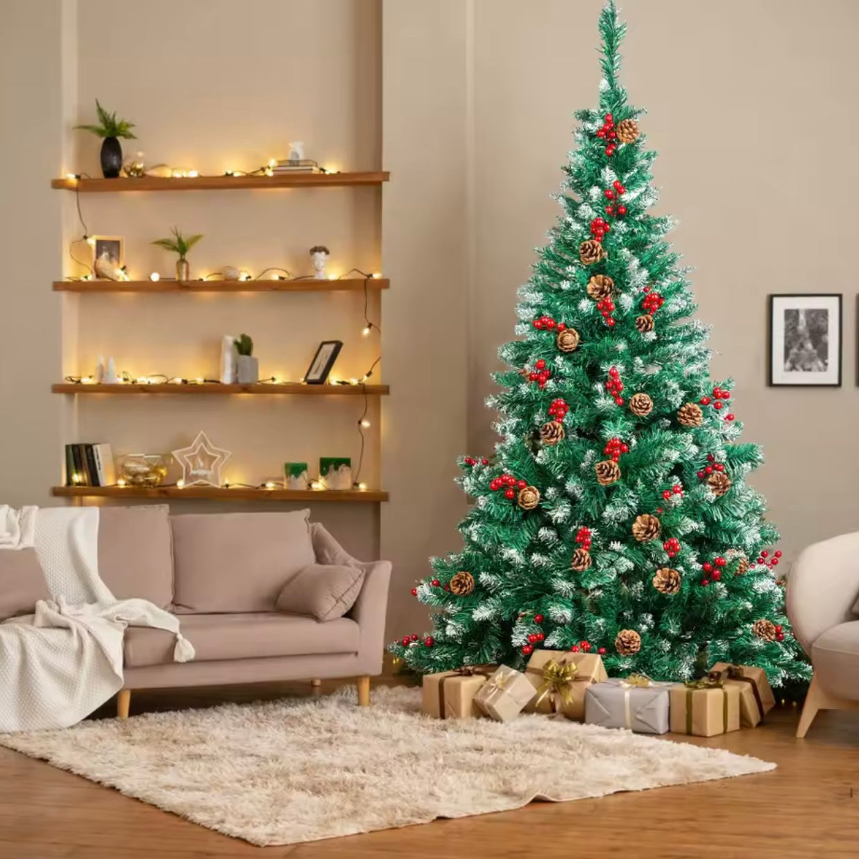 Zenora Christmas Artificial Pine Tree with LED Lights, Berries & Pine Cones