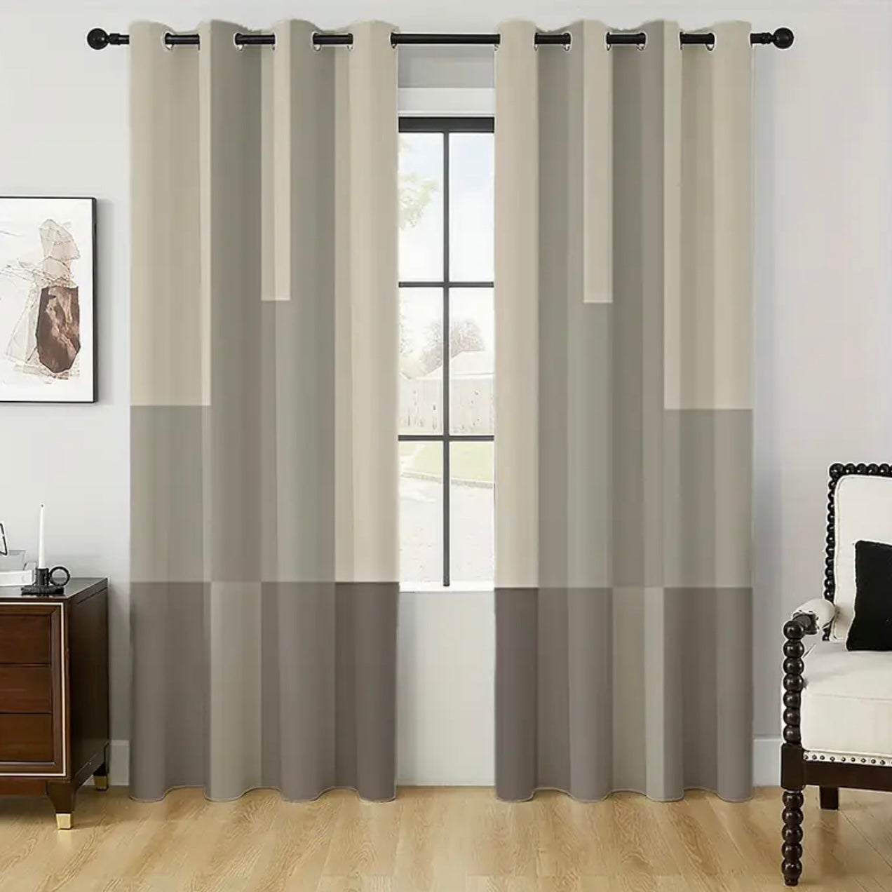Zenora Contemporary Gray & White Vertical Stripe Curtain Set