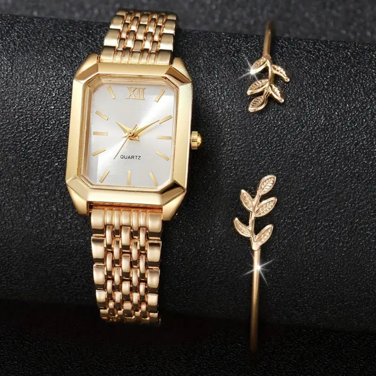 Éclat Duo 2-Piece Luxury Square Women’s Watch & Leaf Bracelet Set