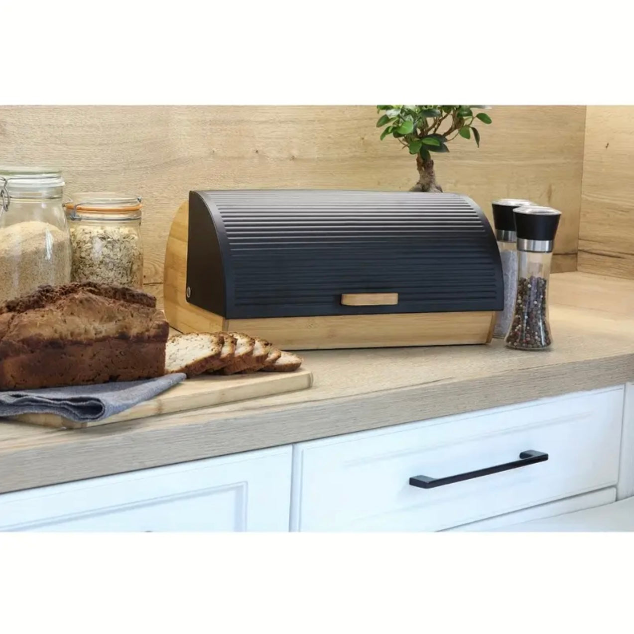 Zenora Large Bamboo Bread Box with Black Lid