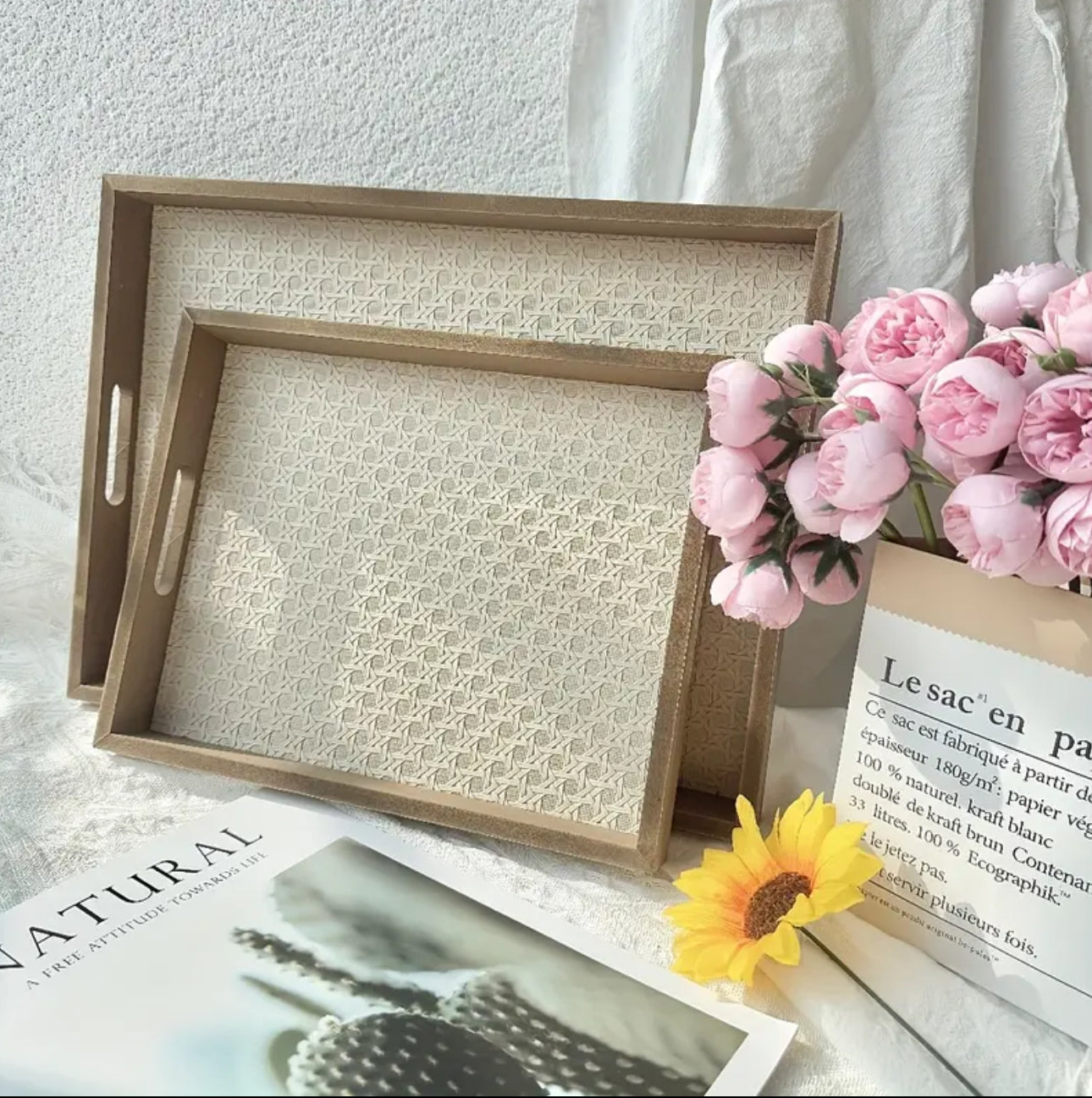 Zenora 2pcs Wooden Tray Set with Faux Leather Pattern