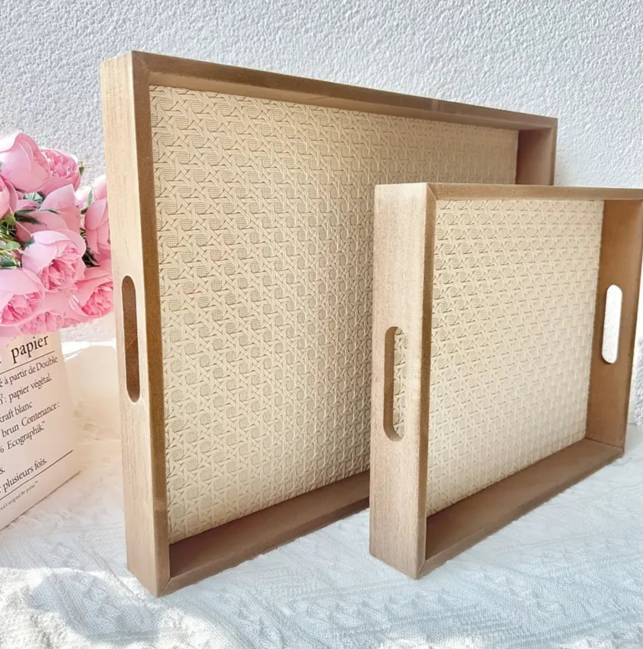 Zenora 2pcs Wooden Tray Set with Faux Leather Pattern