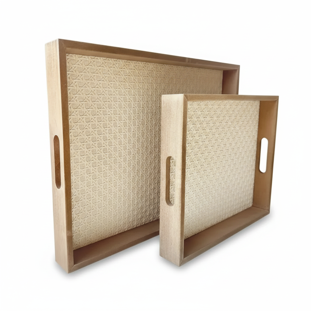 Zenora 2pcs Wooden Tray Set with Faux Leather Pattern