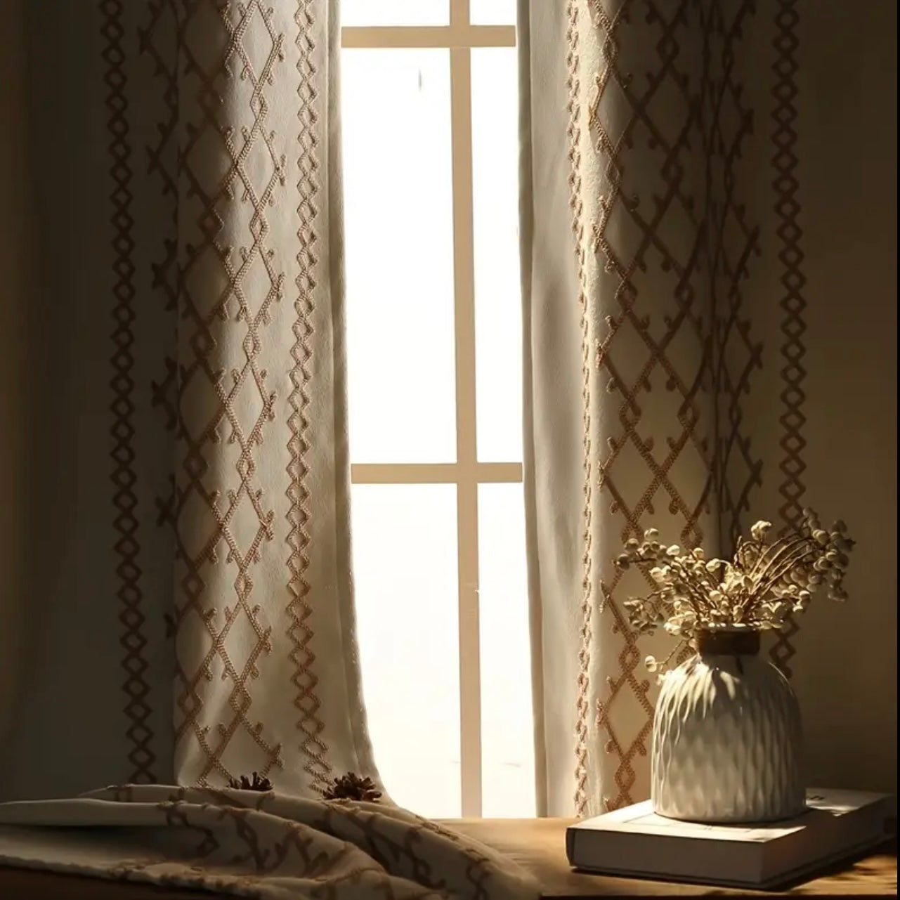 Zenora Luxury Double Rhombus Embroidered Blackout Curtain Set