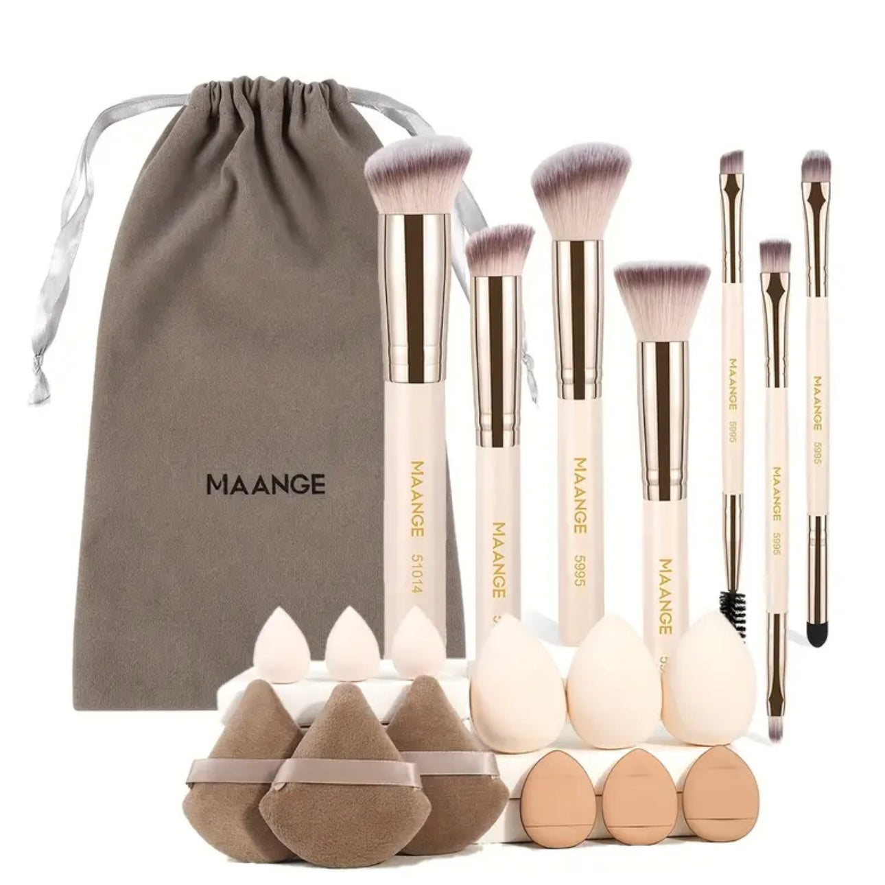 Zenora MAANGE 7pcs Makeup Brush & 12pcs Puff Set with Felt Bag