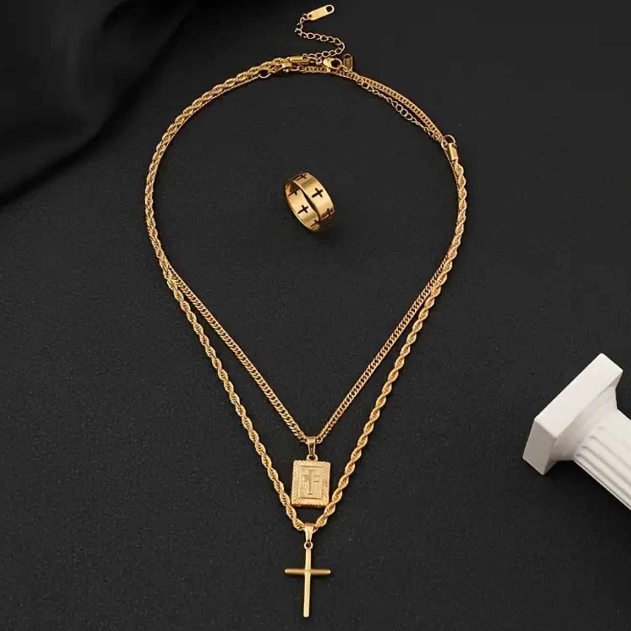 3pcs Men’s Heavy-Duty Interlocking Link Necklace & Ring Set