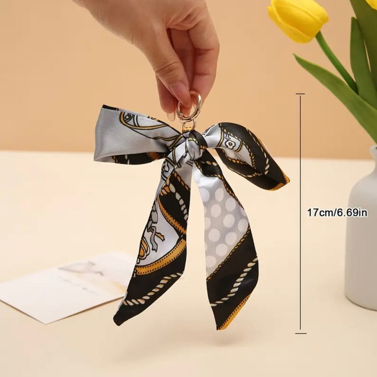 Scarf Bow Tie Keychain – Fashionable Bag Charm with Tassel & Spring Ring