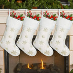 Zenora Set of 4 White Plush Christmas Stockings with Golden Snowflakes