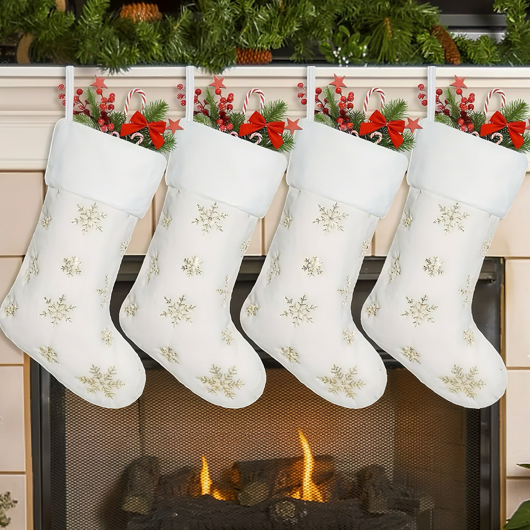 Zenora Set of 4 White Plush Christmas Stockings with Golden Snowflakes