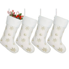 Zenora Set of 4 White Plush Christmas Stockings with Golden Snowflakes