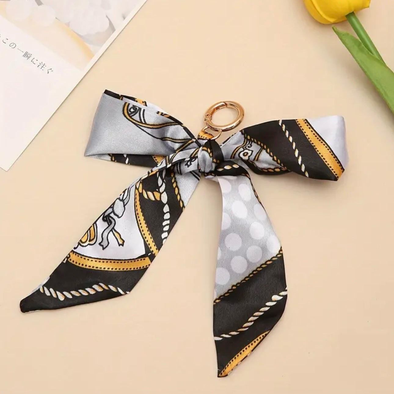 Scarf Bow Tie Keychain – Fashionable Bag Charm with Tassel & Spring Ring