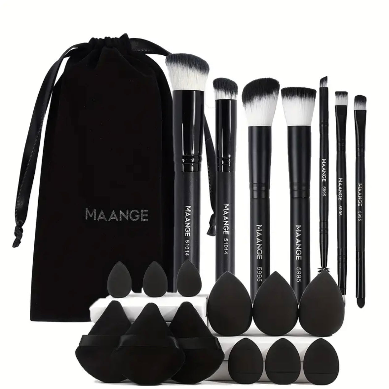 Zenora MAANGE 7pcs Makeup Brush & 12pcs Puff Set with Felt Bag
