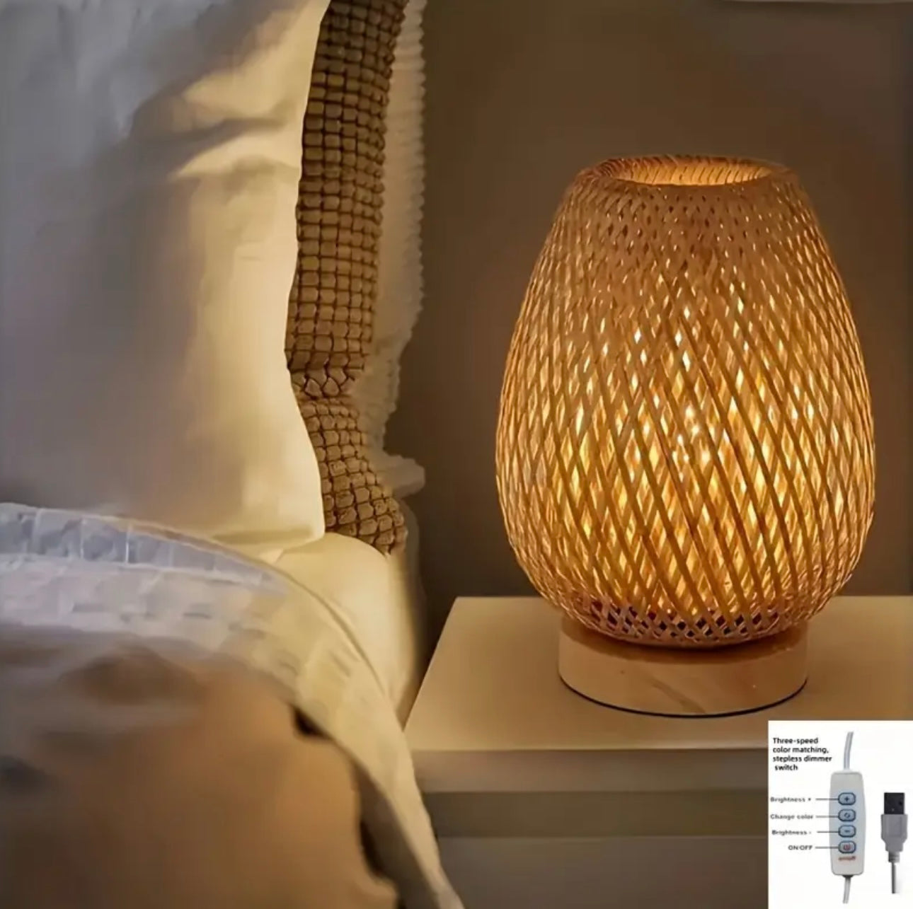 Zenora Handmade Bamboo Woven LED Bedside Lampr