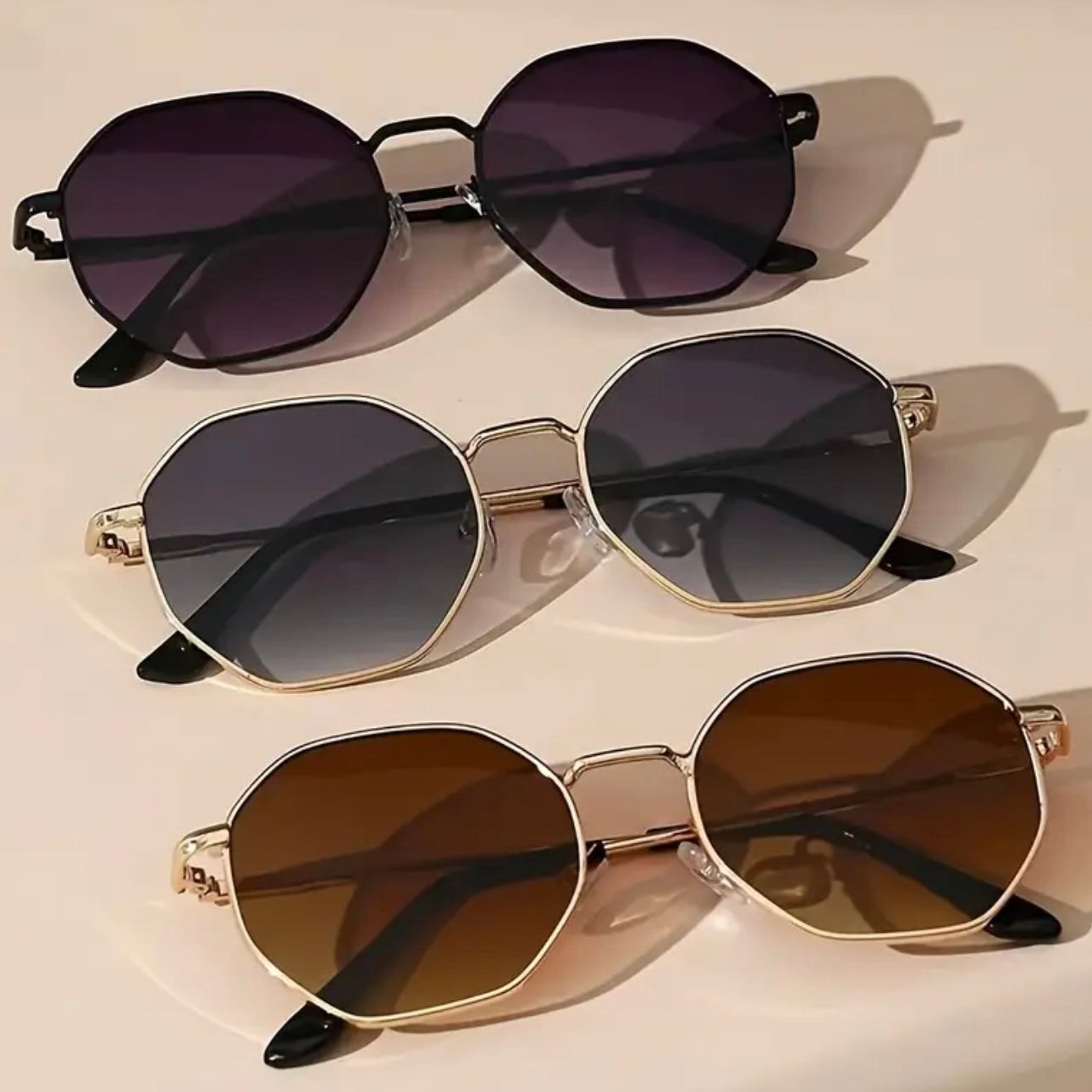 3-pair set of polygonal metal frame fashion glasses