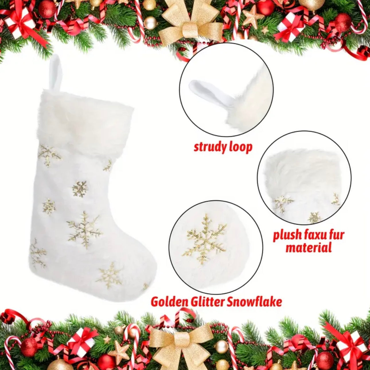 Zenora Set of 4 White Plush Christmas Stockings with Golden Snowflakes