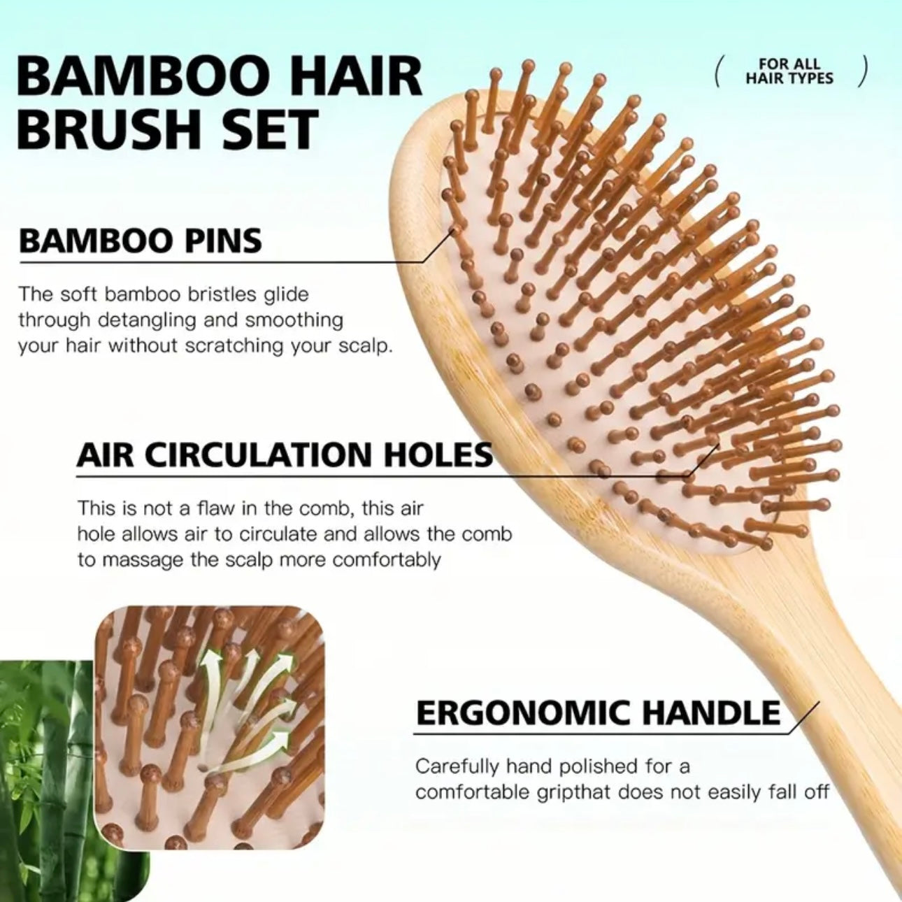 Zenora 4pcs Natural Bamboo Hair Brush & Comb Set