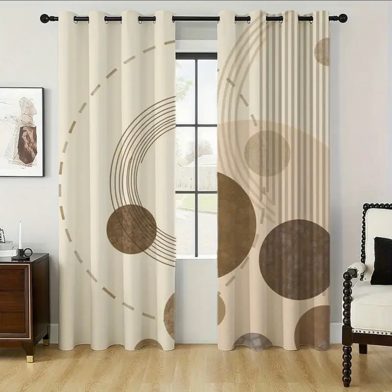 Zenora 2-Piece Beige & Brown Abstract Semi-Transparent Curtains