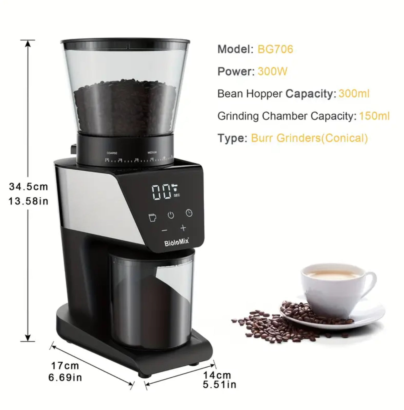 Zenora Biolomix 300W Electric Conical Burr Coffee Grinder