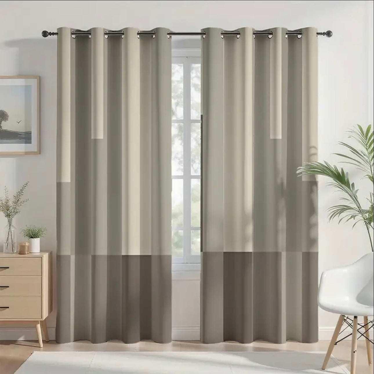 Zenora Contemporary Gray & White Vertical Stripe Curtain Set