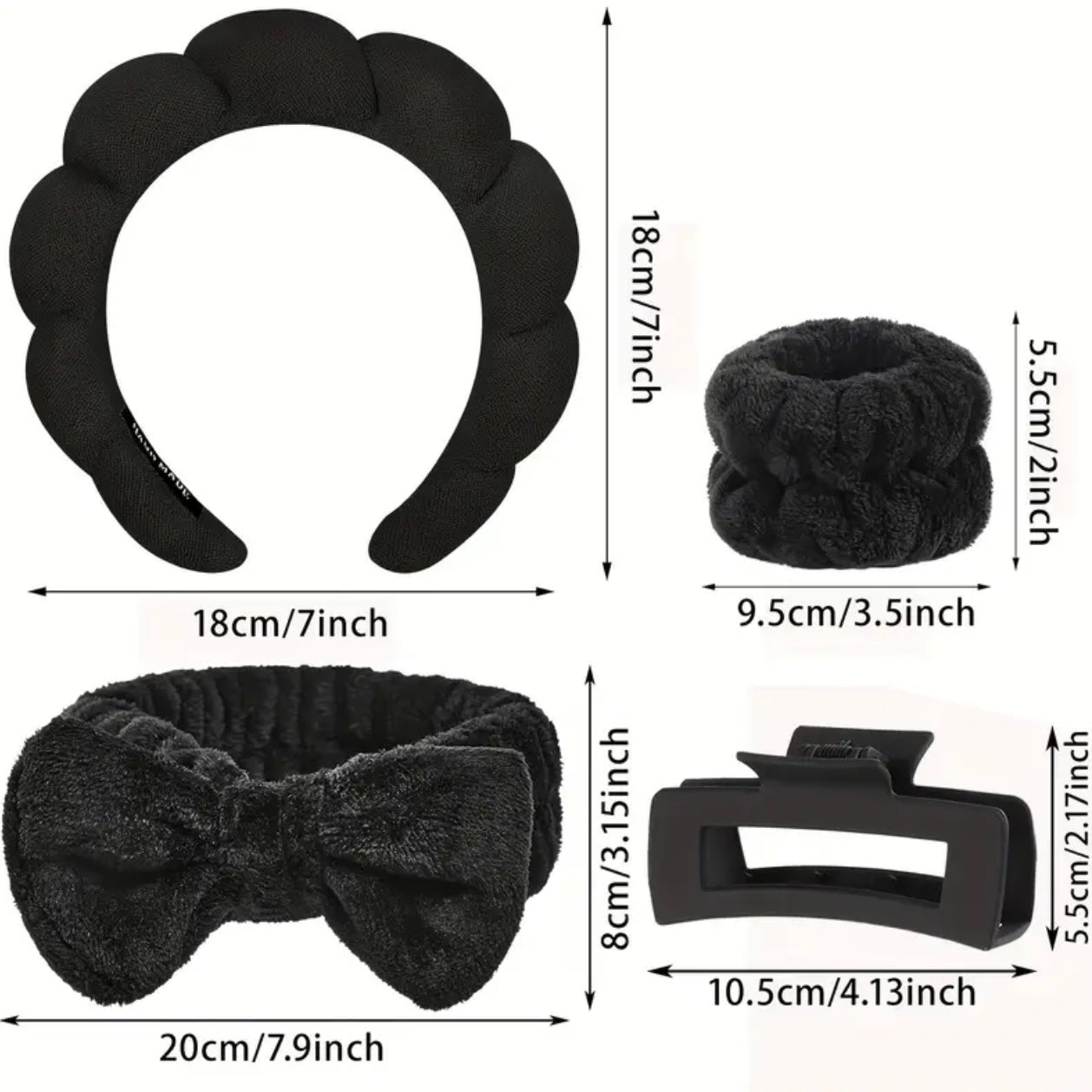 Zenora 5pcs Spa Headband & Wristband Set with Hair Claw Clips