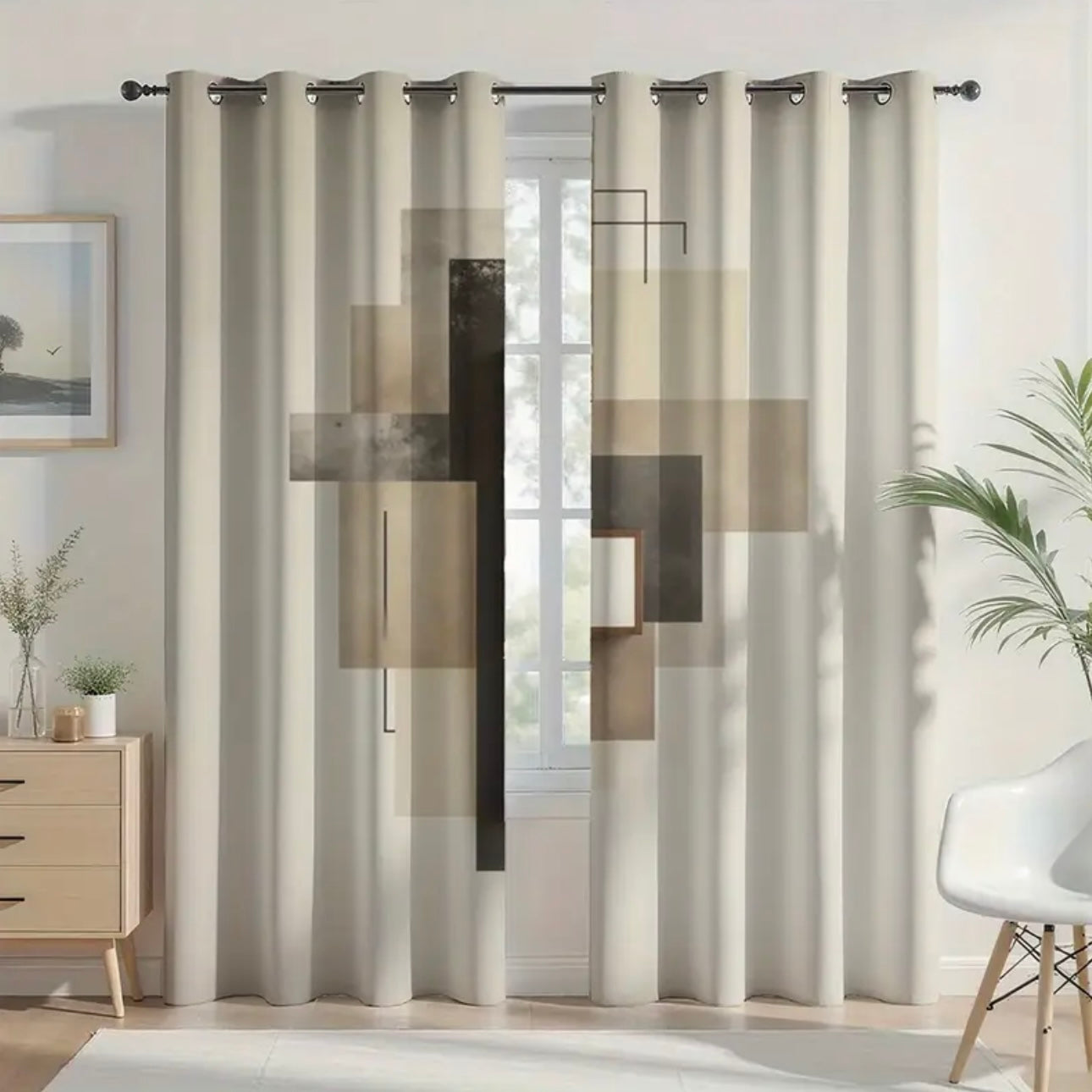 Zenora 2D Flat Abstract Geometric Velvet-Feel Curtain Set