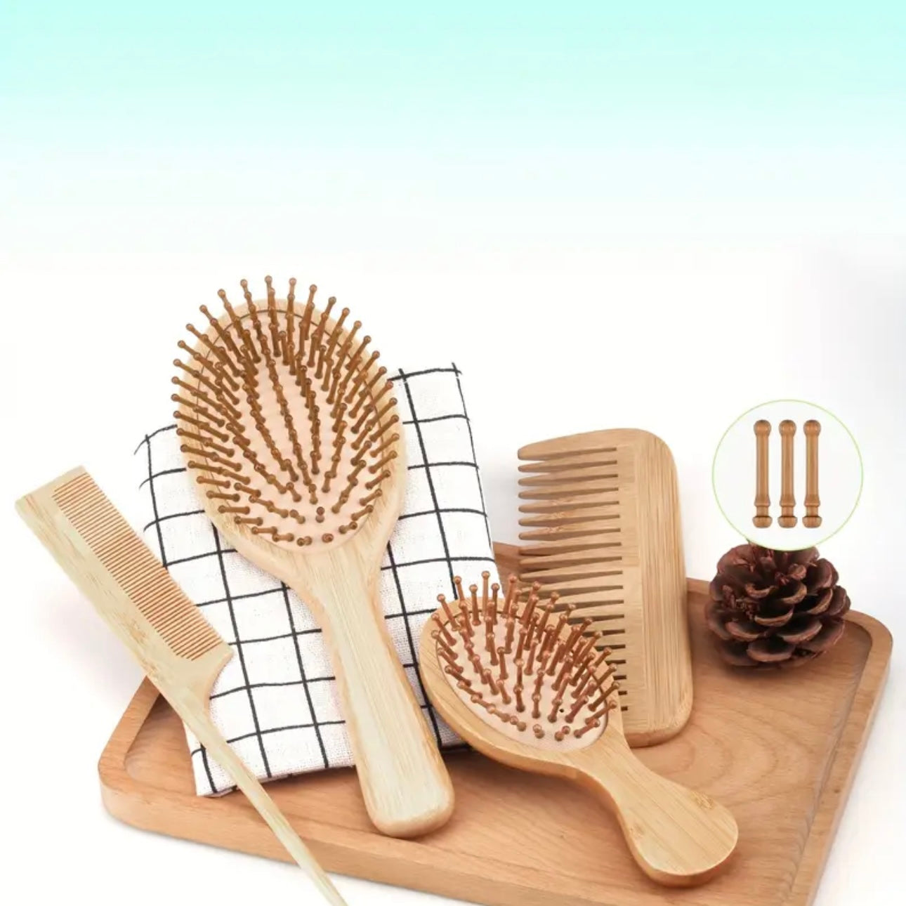 Zenora 4pcs Natural Bamboo Hair Brush & Comb Set
