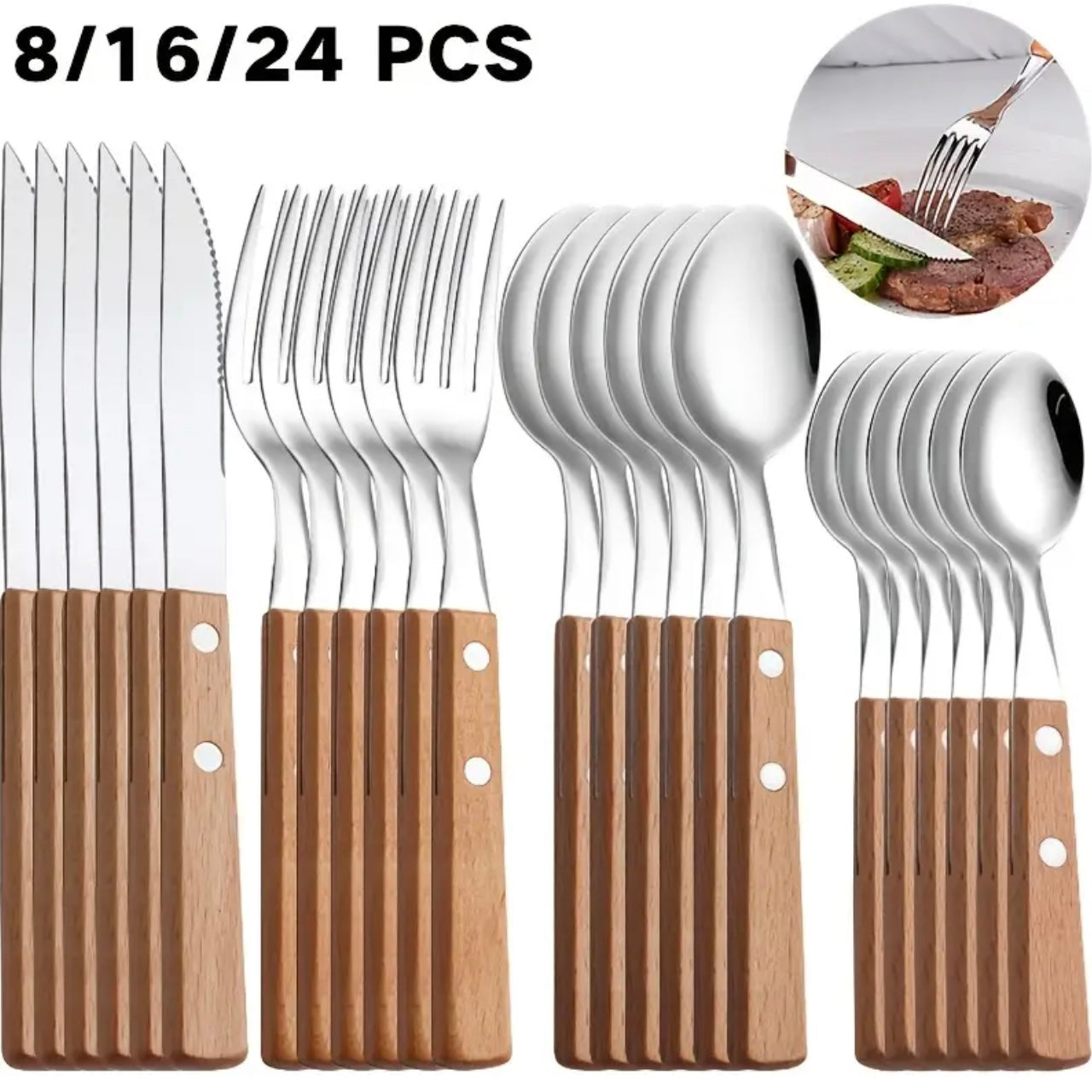 Kurohana Cutlery Set — 8/16/24-Piece Stainless Steel Tableware with Solid Wood Handles
