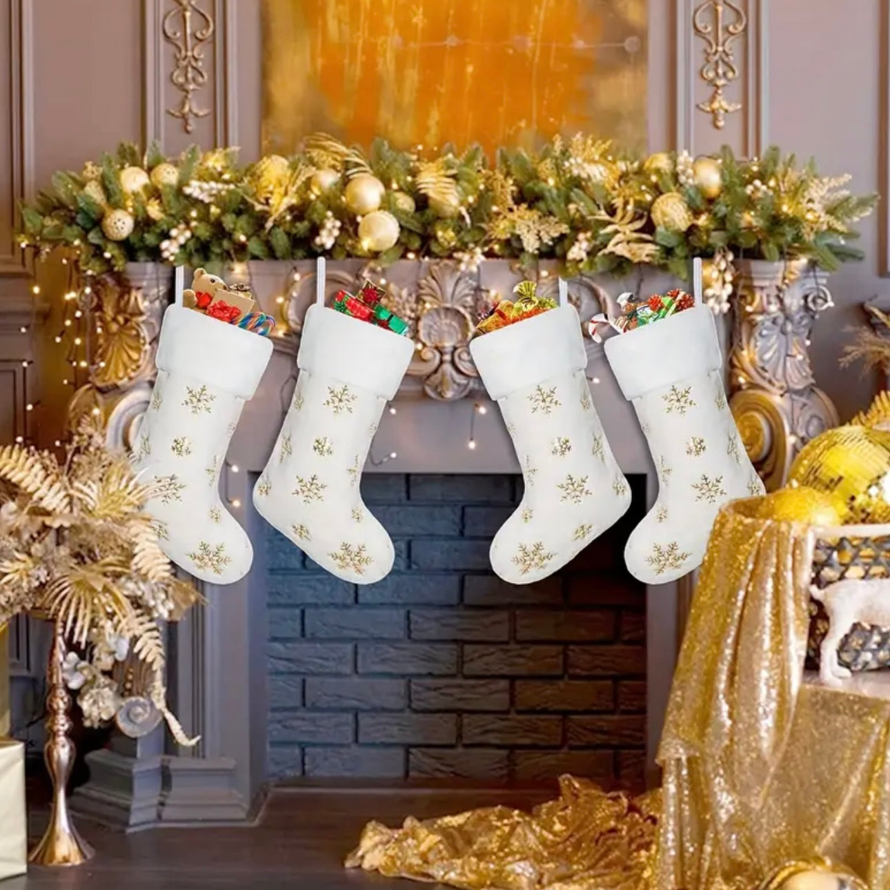 Zenora Set of 4 White Plush Christmas Stockings with Golden Snowflakes