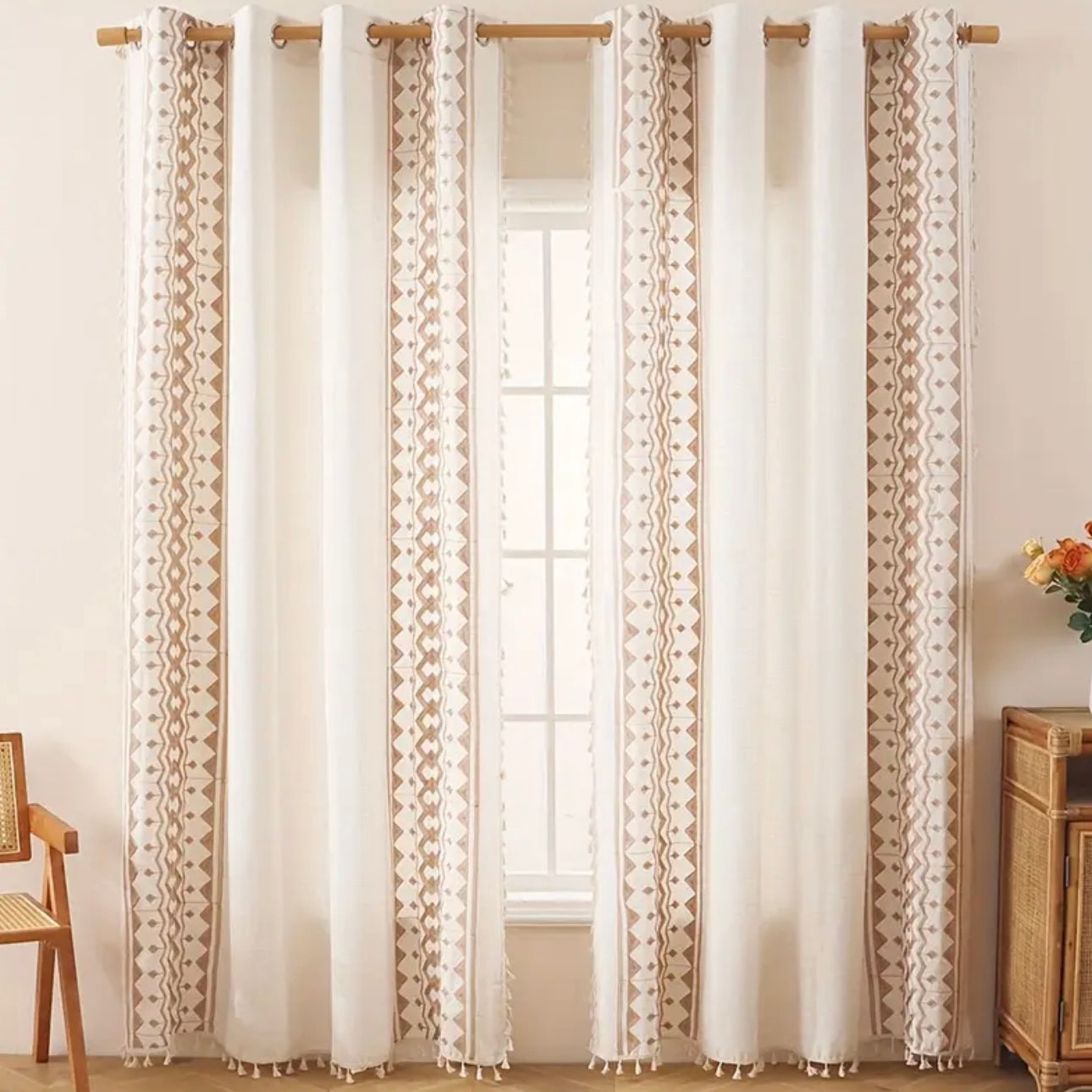 Zenora Bohemian Linen Semi-Sheer Tassel Curtain Pane