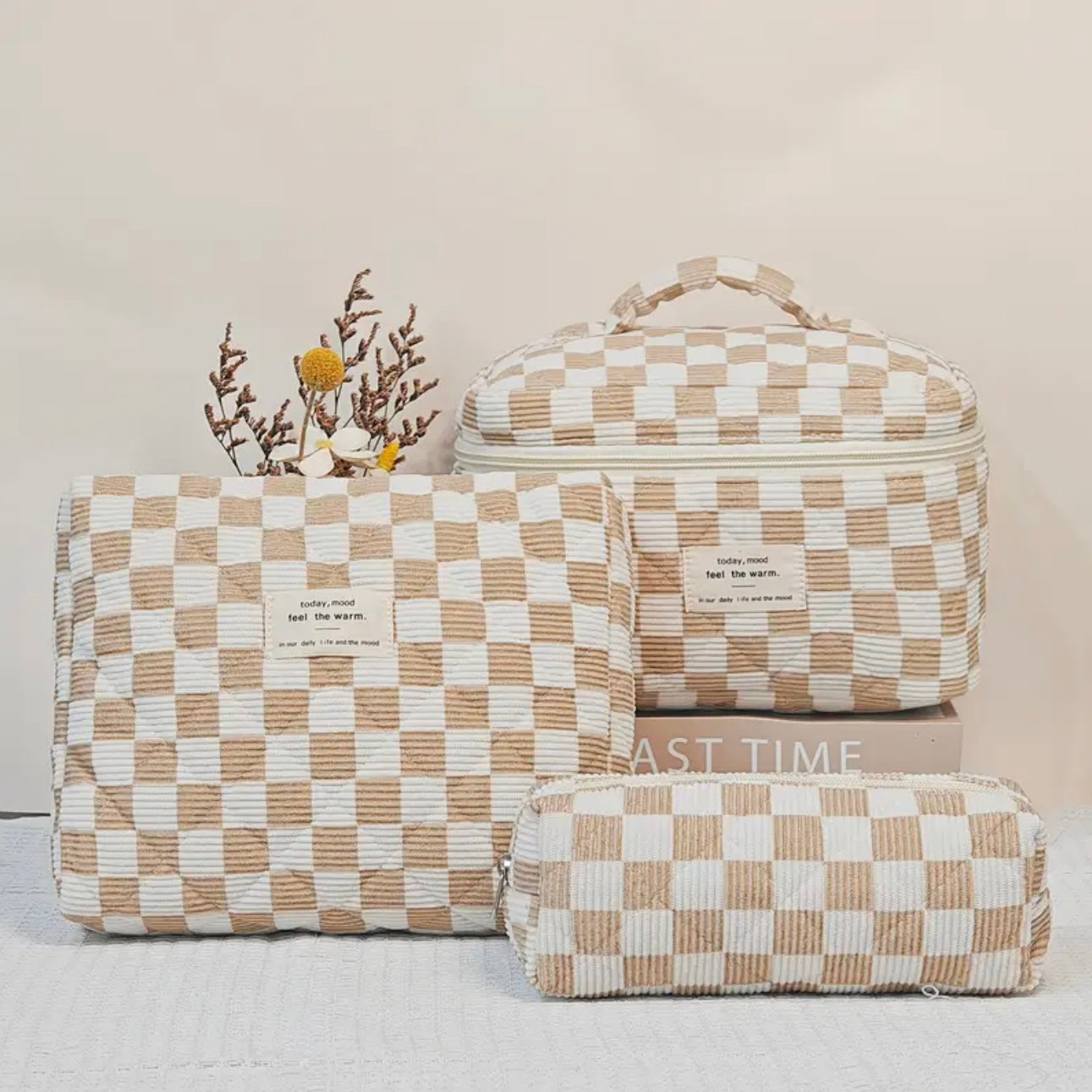 Zenora 3-Piece Quilted & Checkered Makeup Bag Set