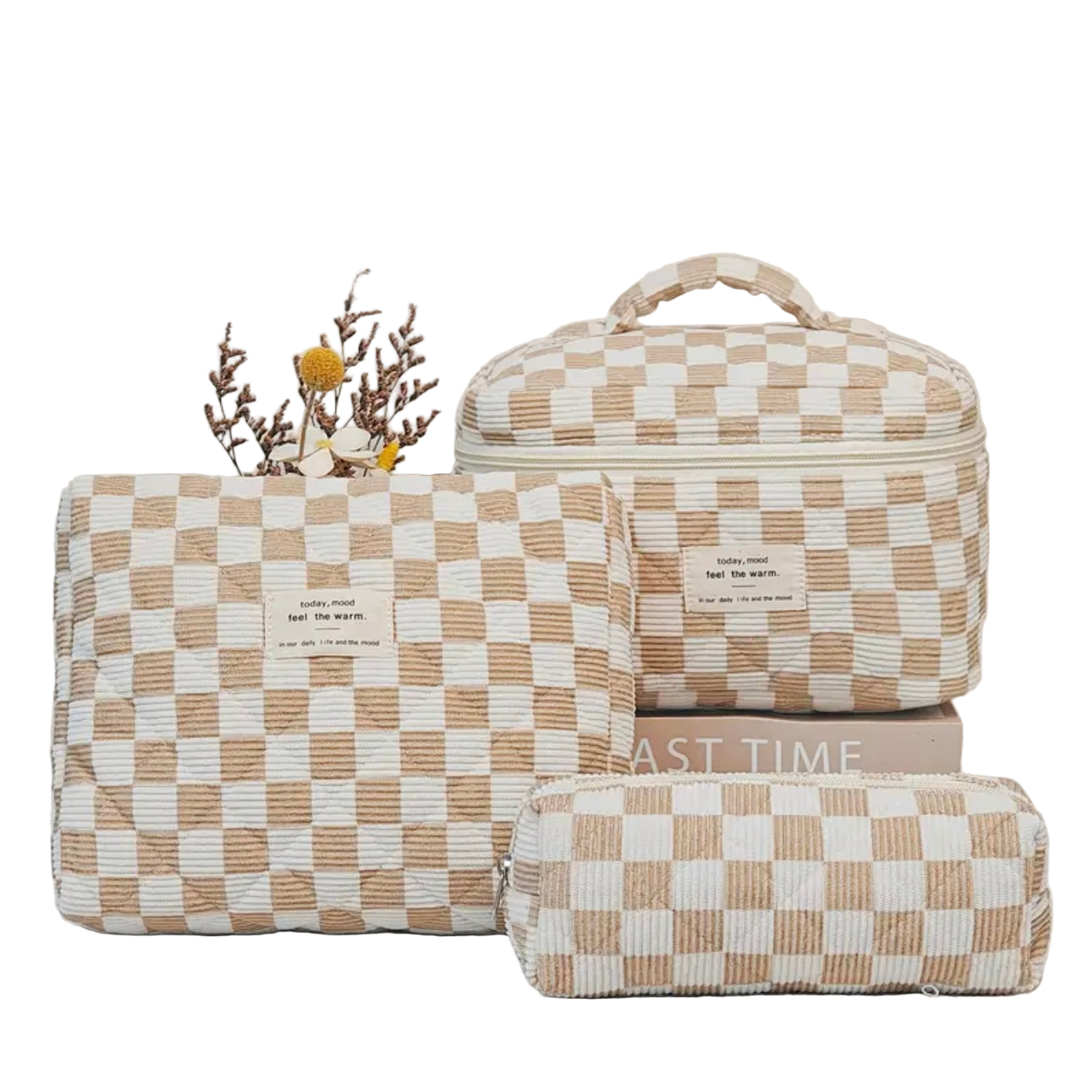Zenora 3-Piece Quilted & Checkered Makeup Bag Set
