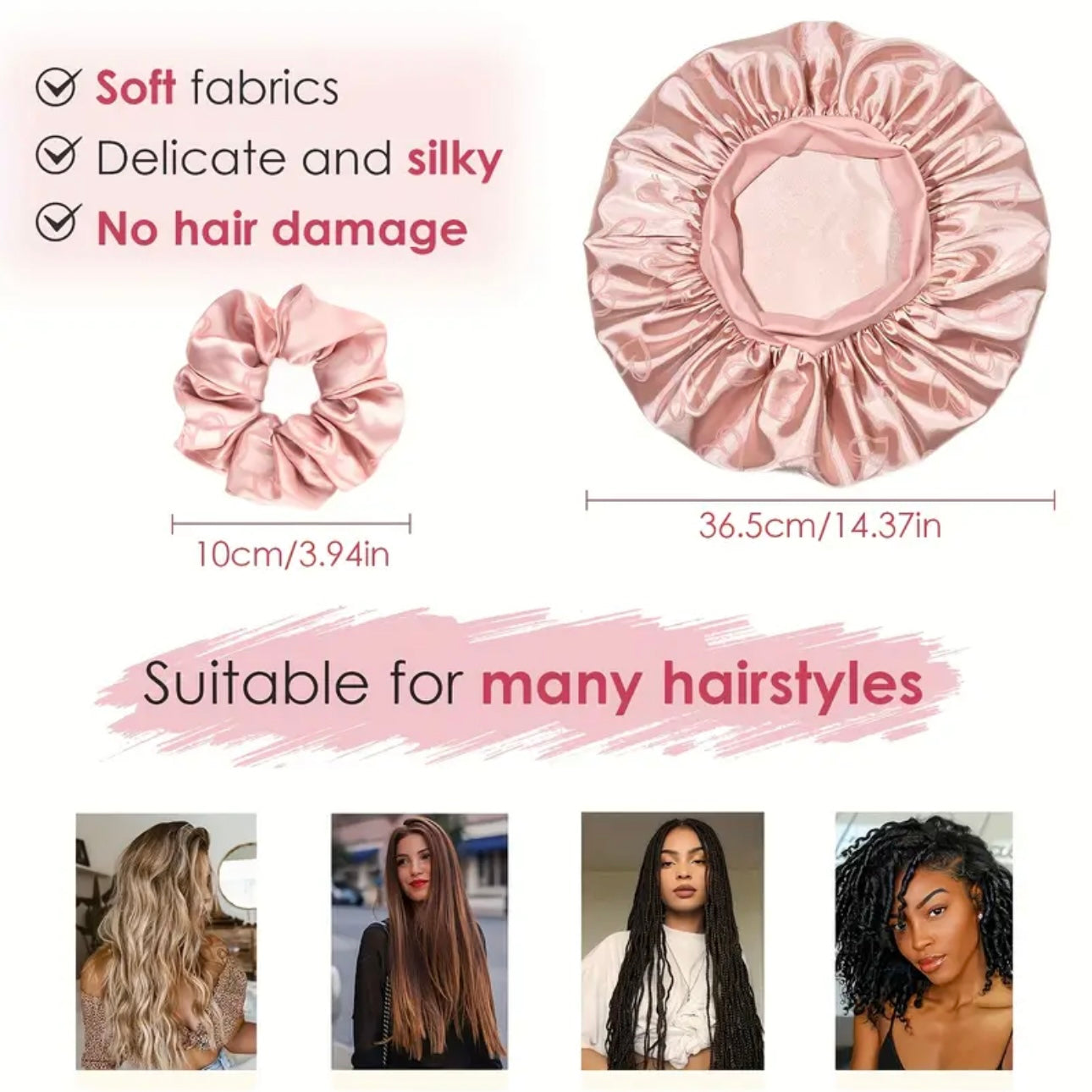 ELLITINA 2-Piece Satin Sleep Bonnet & Matching Scrunchie Set