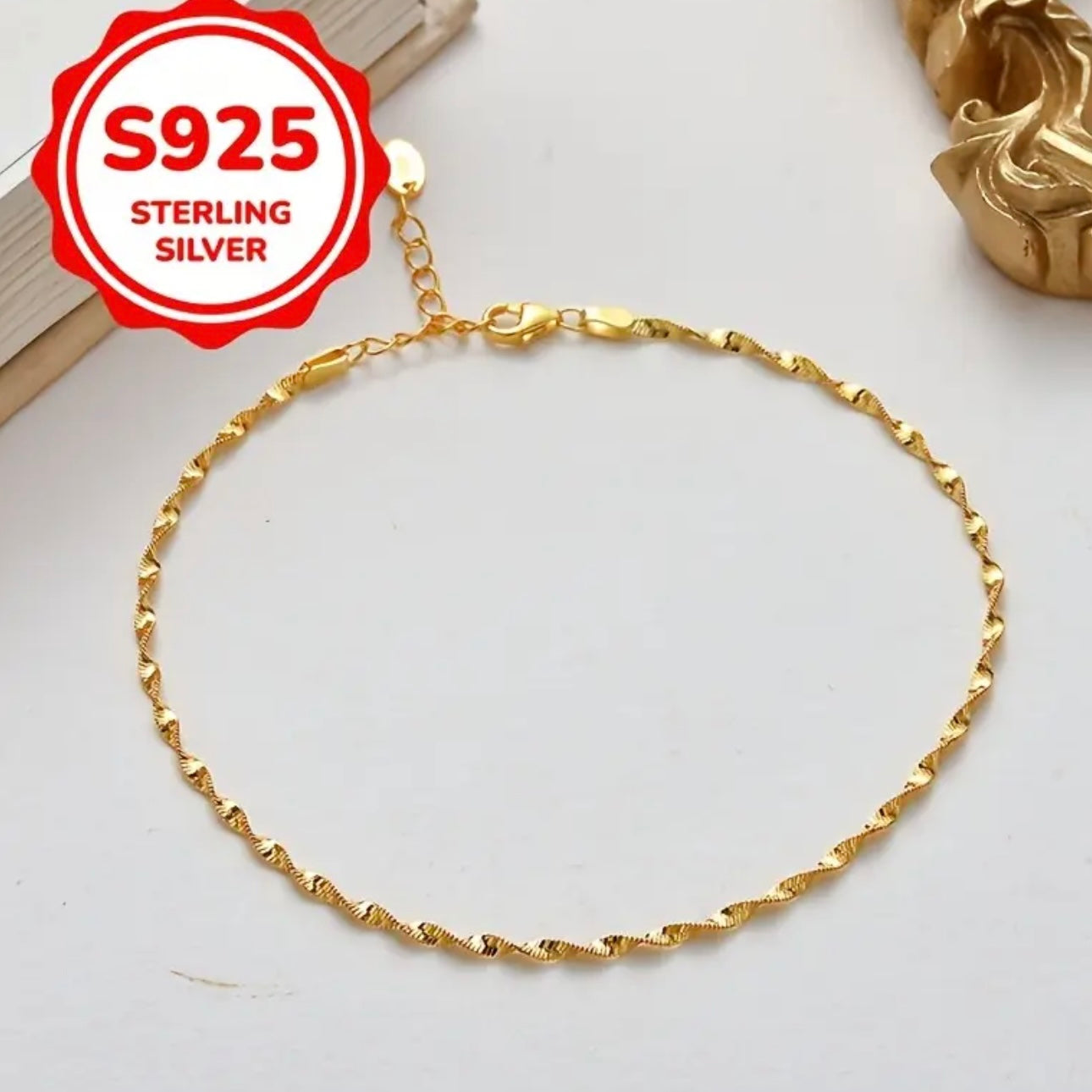 925 Silver & 14K Gold Snake Bone Anklet