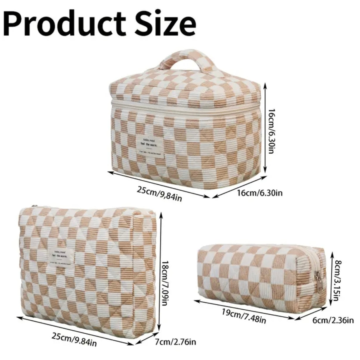 Zenora 3-Piece Quilted & Checkered Makeup Bag Set