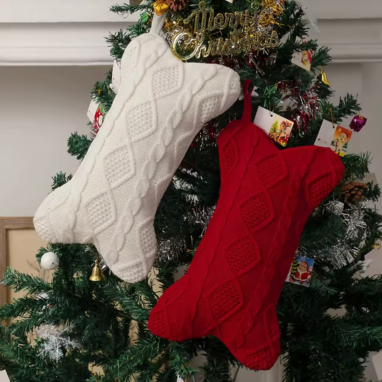 Zenora Knit White Bone-Shaped Dog Christmas Stocking