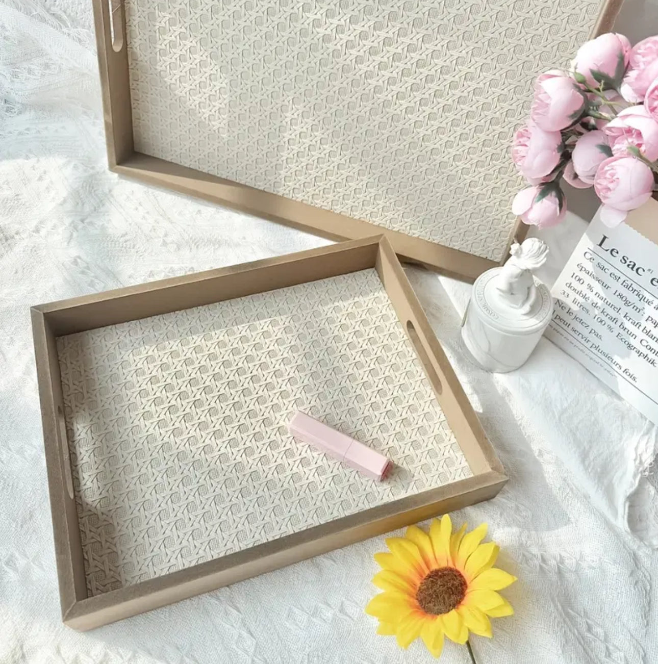 Zenora 2pcs Wooden Tray Set with Faux Leather Pattern