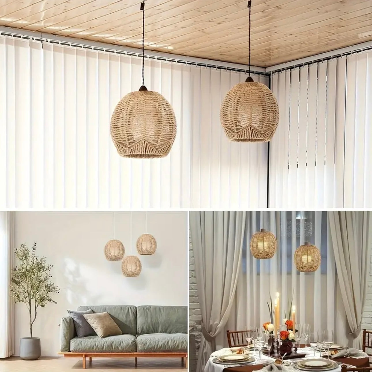 Bohemian Rattan Pendant Light Shade Set (2pcs)