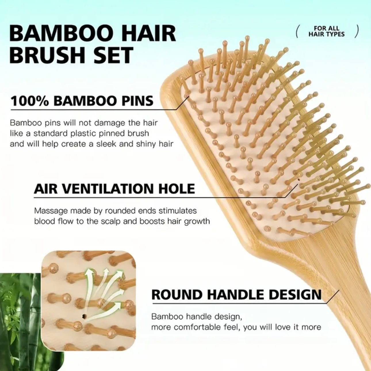 Zenora 4pcs Natural Bamboo Hair Brush & Comb Set