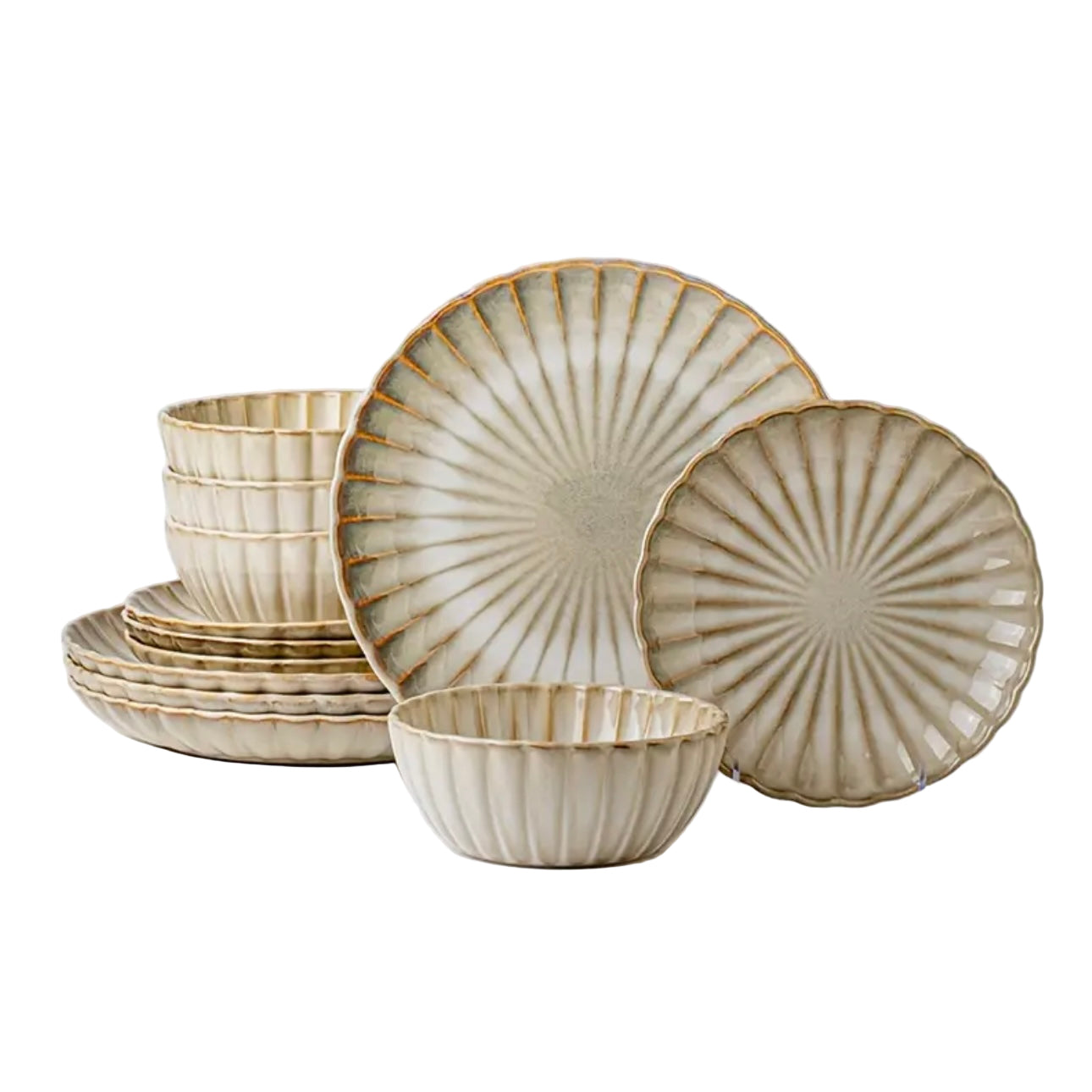 Zenora 12pcs Japanese Floral Embossed Ceramic Dinnerware Set