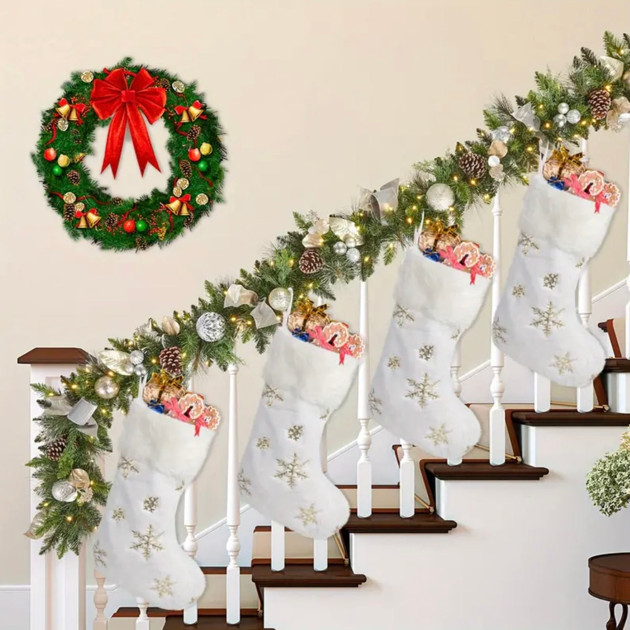 Zenora Set of 4 White Plush Christmas Stockings with Golden Snowflakes