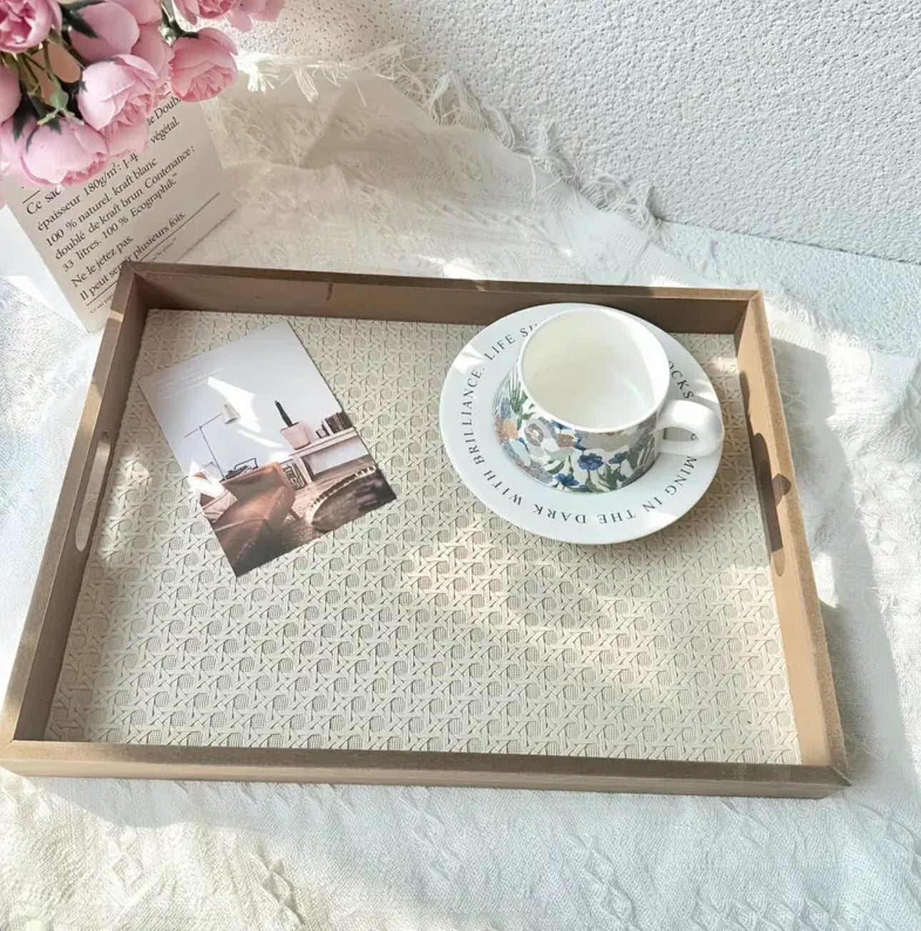 Zenora 2pcs Wooden Tray Set with Faux Leather Pattern