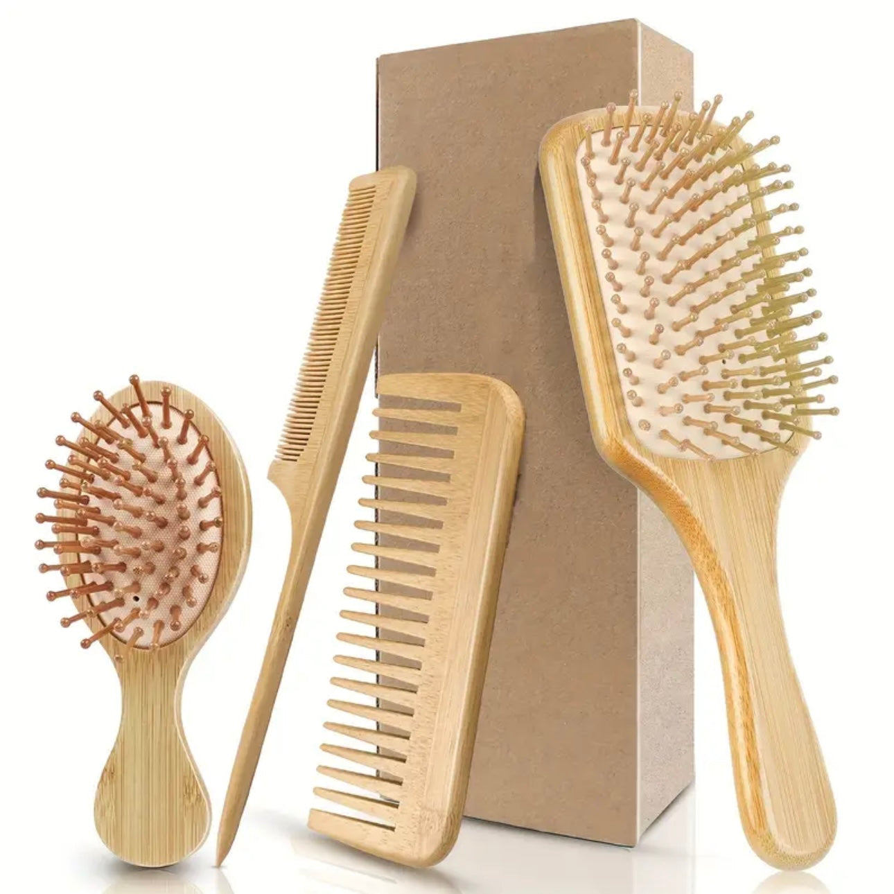 Zenora 4pcs Natural Bamboo Hair Brush & Comb Set