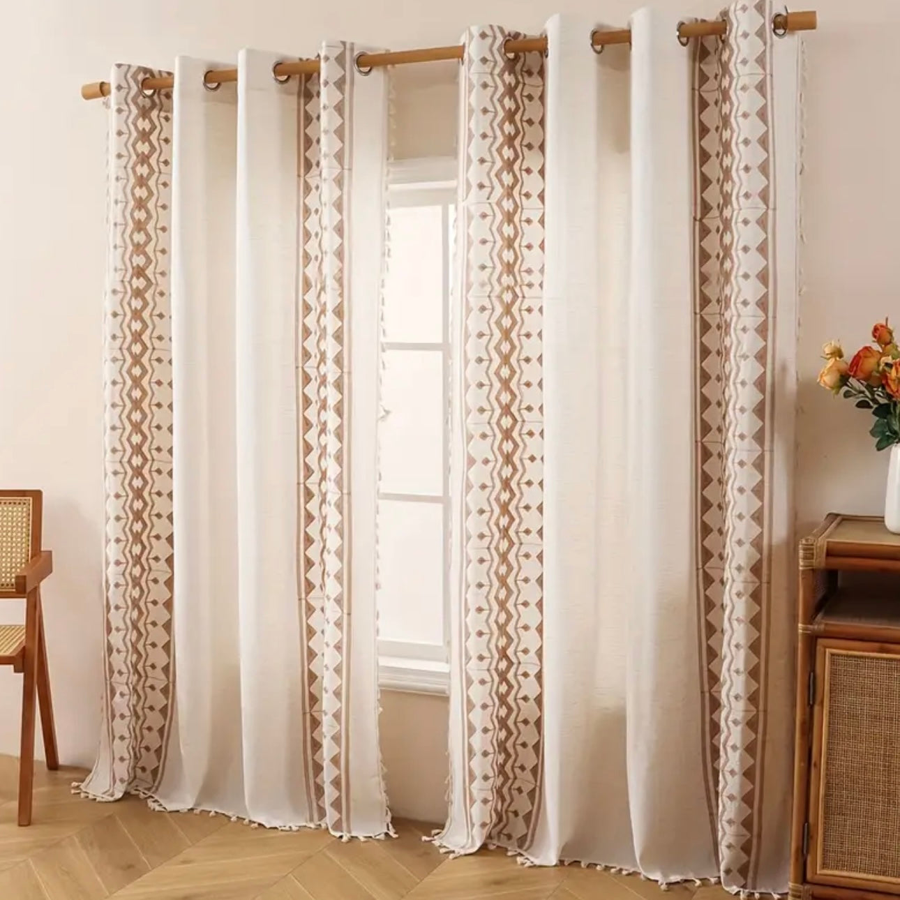 Zenora Bohemian Linen Semi-Sheer Tassel Curtain Pane