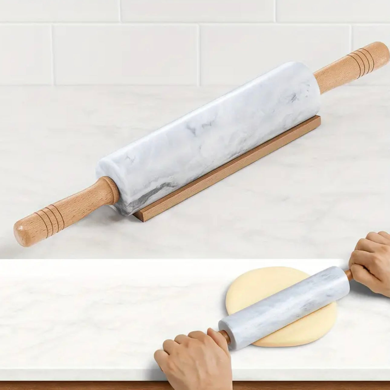 Zenora Marble Rolling Pin with Wooden Handles & Base